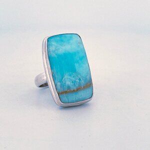 Estate Solid 925 Sterling Silver Larimar Gemstone Women Rectangle Ring Size 6.25